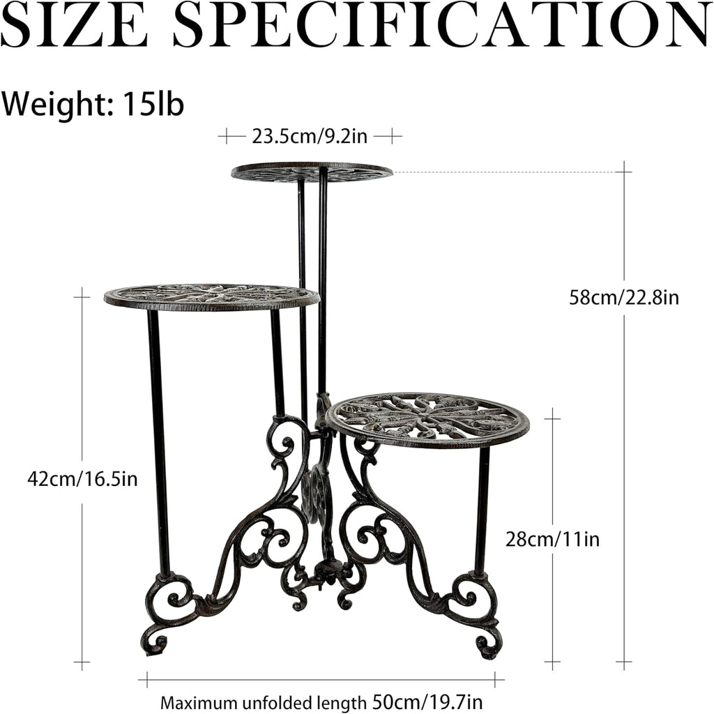 Cast Iron Plant Stand 3 Tier, 24in Tall Foldable Vintage Ornate Flower Pot Holder, Heavy Duty Tiered Plant Shelf Indoor