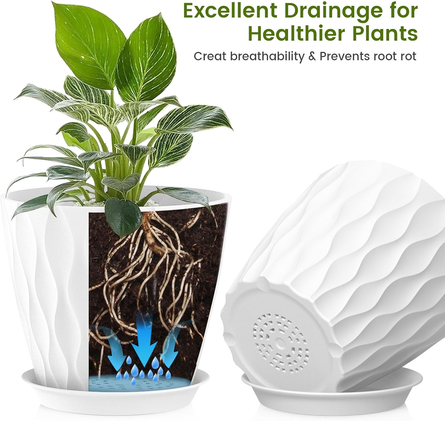 UOUZ 8 Inch Plant Pots, 4 Pack Plastic Planters for Indoor Outdoor with Drainage Holes & Saucers, Waffle Texture Flower