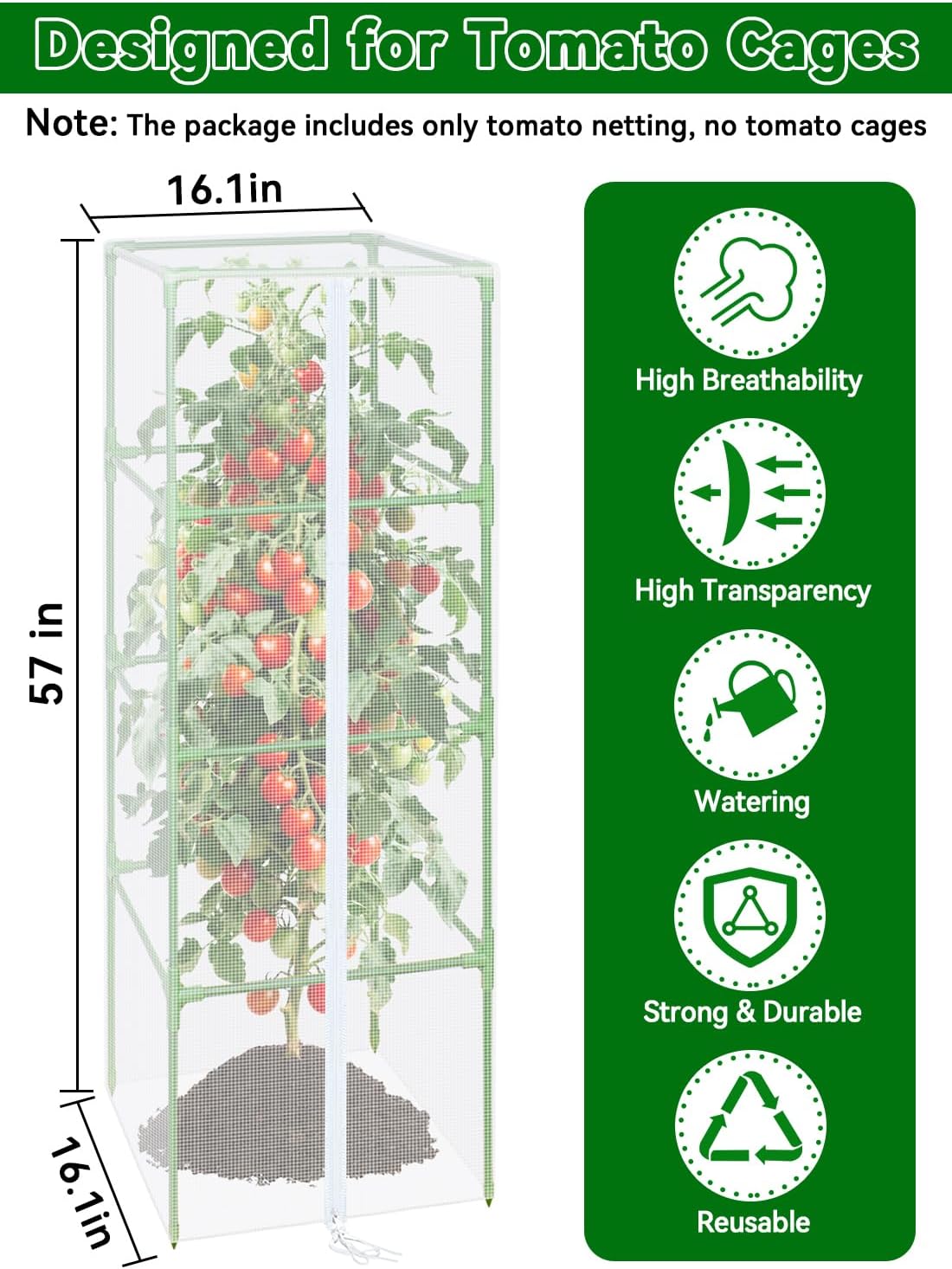 57x16.1 in Garden Tomato Plant Cover Netting for Square Tomato Cage | 4 Pack Durable Garden Bird Netting with Zipper &