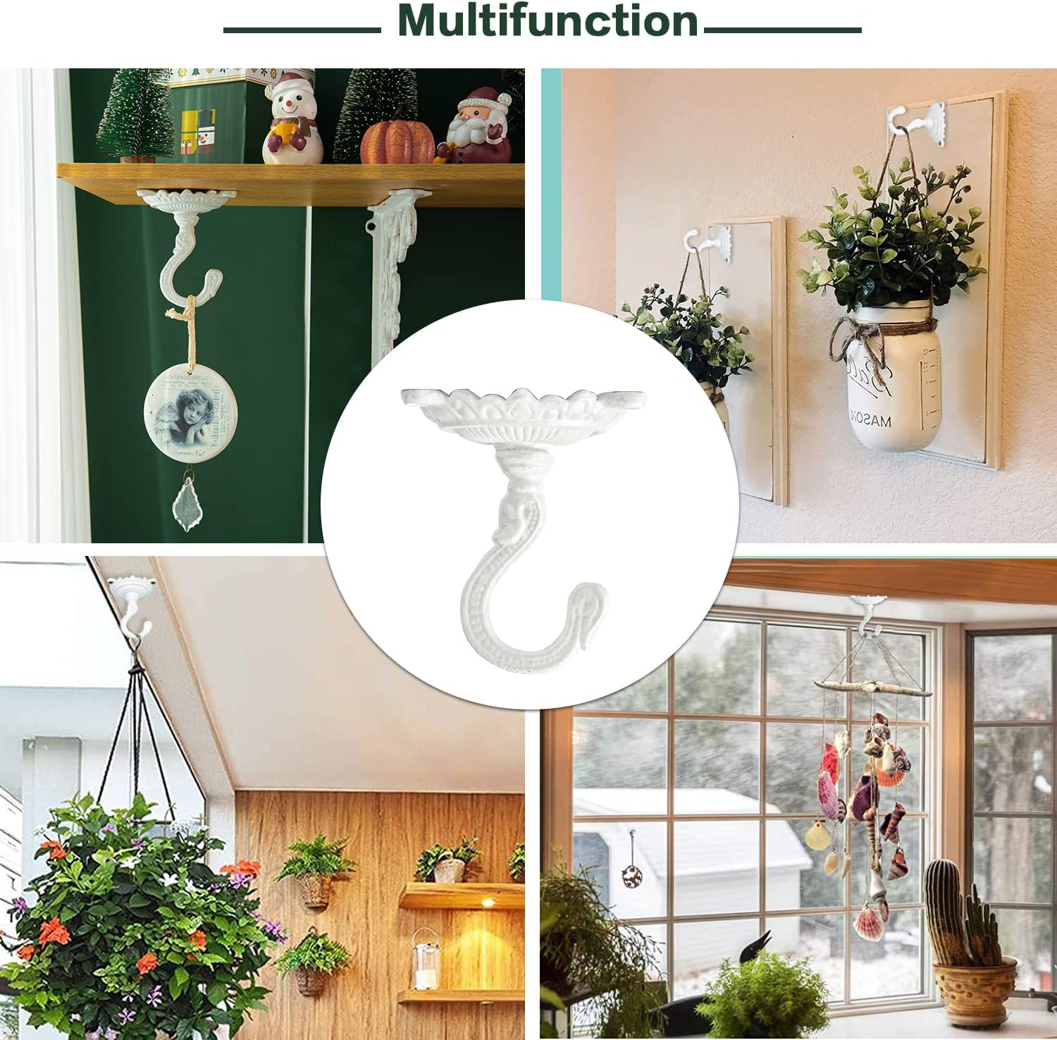 Sungmor Heavy Duty Ceiling Hooks for Hanging Plants, 3PC White 3.5x3.9Inch Large Cast Iron Ceiling Hooks, Antique