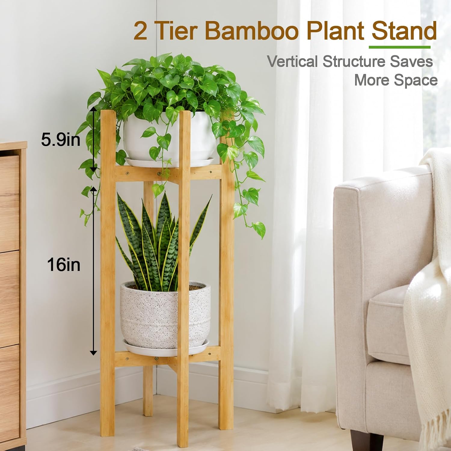 35.4” 2 Tier Bamboo Adjustable Tall Plant Stand Indoor Fits 5-12 Inch Pots | Heavy Duty ,Space-Saving ,Sturdy Corner
