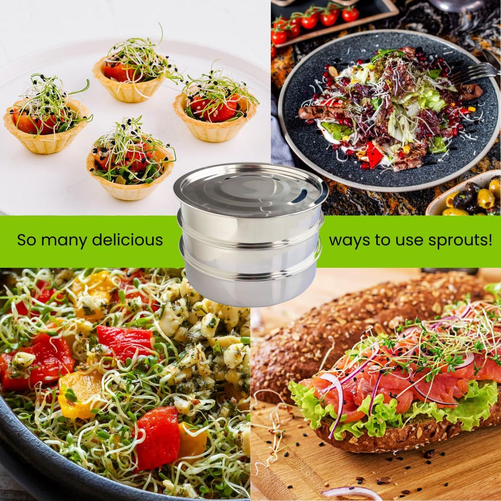 Stainless Steel Sprouting Trays - 3-Tier Seed Sprouter with Lid & Scraper | 3-tier stainless sprouting kit with lid for
