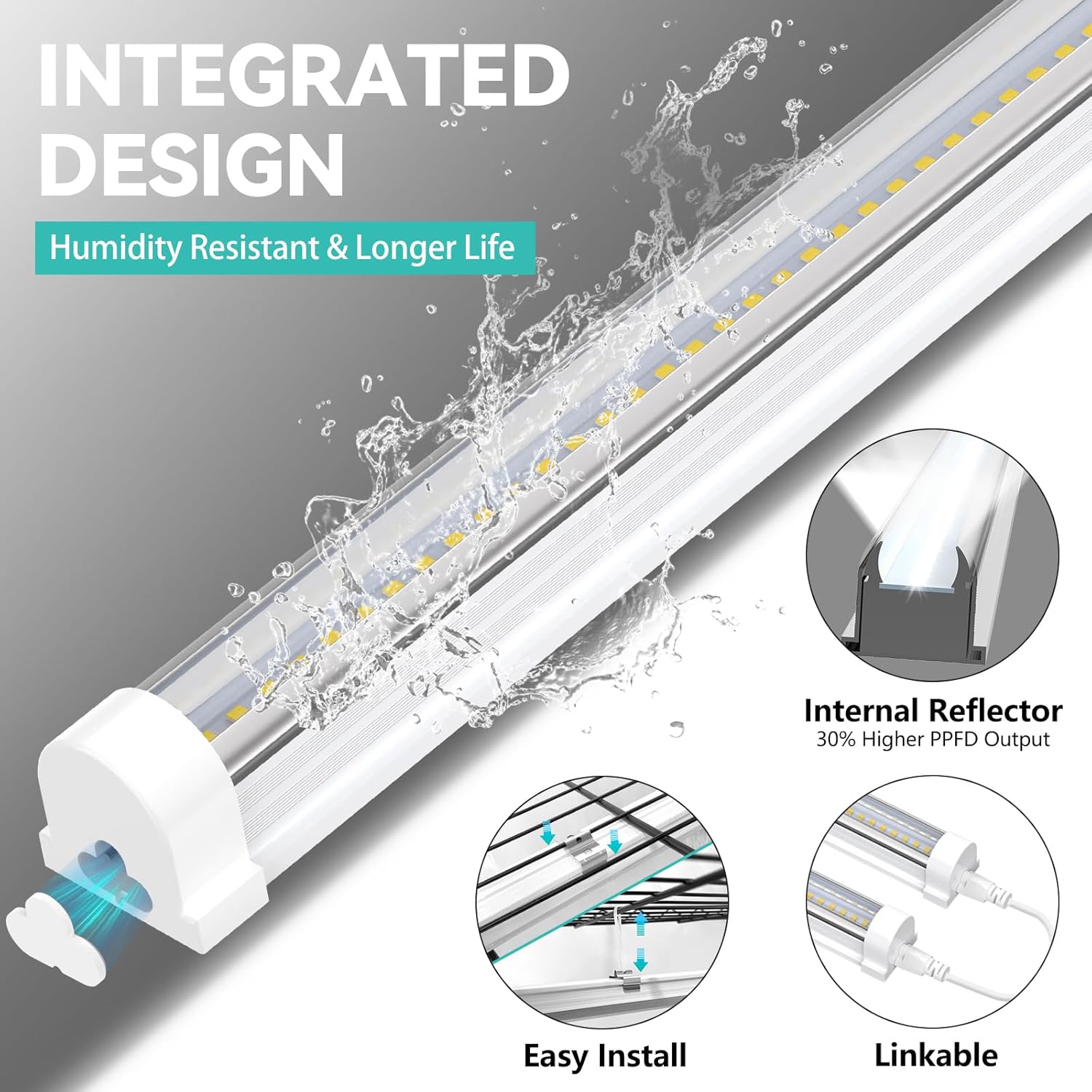 JESLED 4FT Grow Lights, 5000K Full Spectrum Sunlight White, V-Shaped Beam | 96W(2 X 48W), 600W Equiv, On/Off Switch, T8