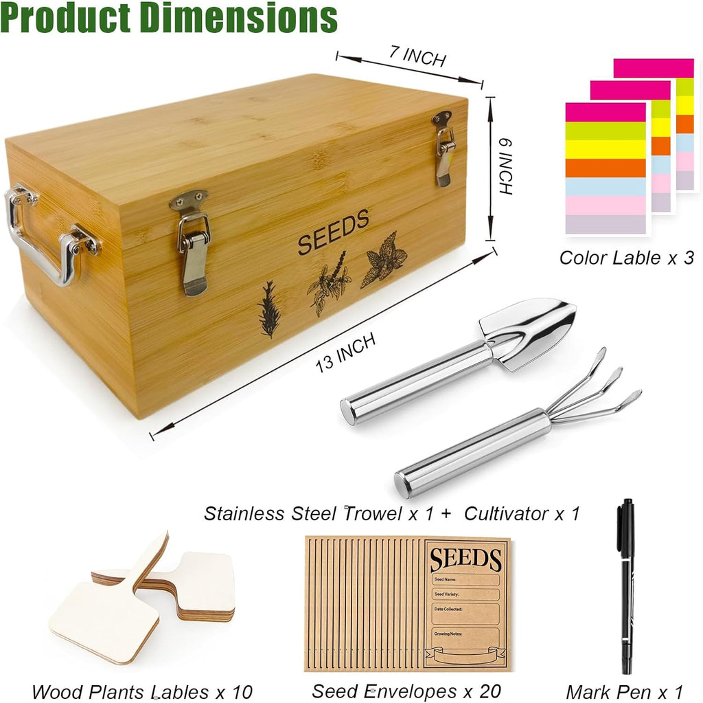 Natural Bamboo Seed Storage Organizer Box, Garden Tools Saving Kit | Large Seeds Saver Kit Included Stainless Steel