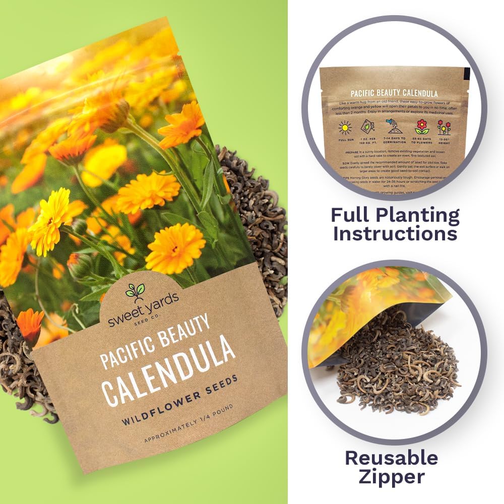 Calendula ‘Pacific Beauty Mix’ – Bulk Quarter Pound Bag – Over 12,000 Open Pollinated Non-GMO Wildflower Seeds –