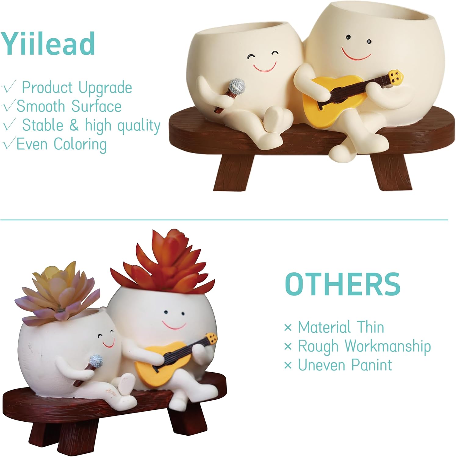 Smiley Face Planter Pot,Unique Double Head Guitar Singing Planter | with Drainage Hole Resin Cute Plant Pot,for Indoor