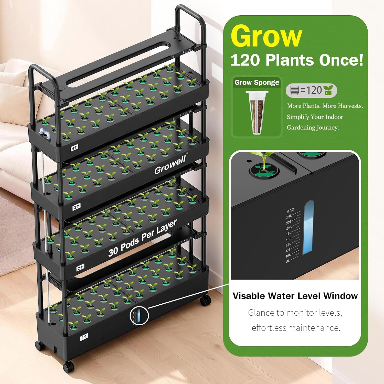 Growell Large Hydroponics Growing System Kit, 120 Pods Vertical Indoor Herb Garden Kit with 2 Light Modes & Auto