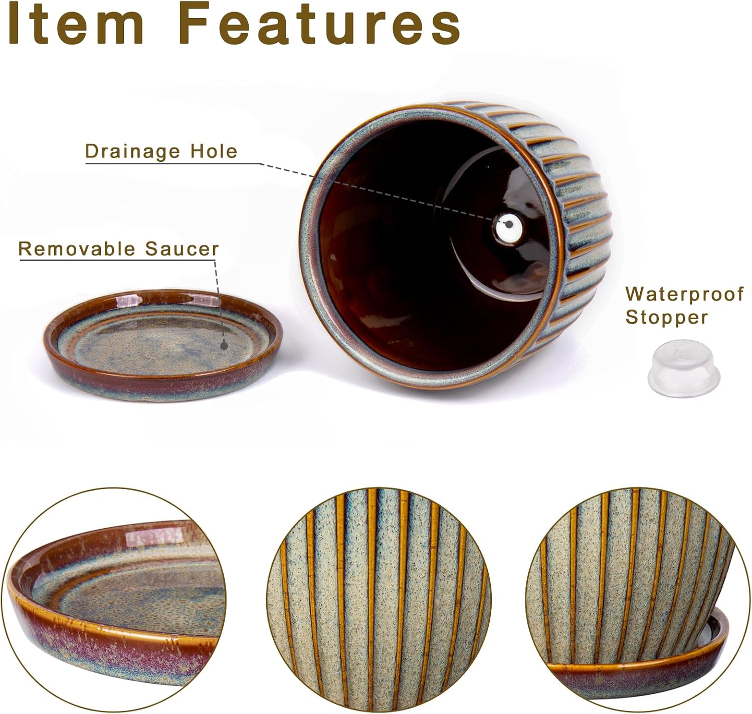 Oairse Ceramic Pots for Indoor Plants, 4.9 +5.7 inch Set of 2 Brown Plant Pots with Drainage Holes and Saucers Texture