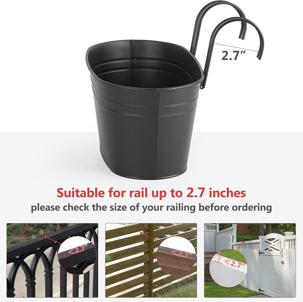 Dahey 10.5 Inch Metal Hanging Flower Pots 4 Pcs Outdoor Railing Planter Box | Drainage Holes, 2.7”Width Iron Detachable