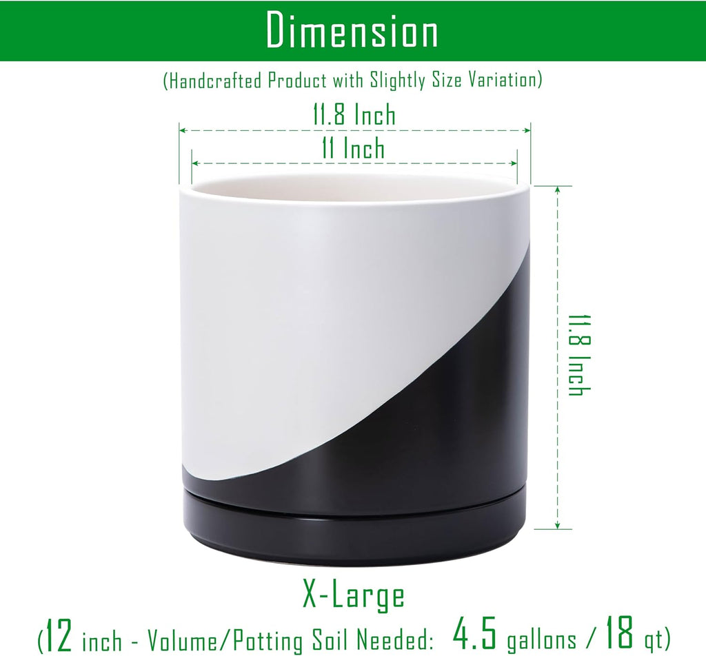 D'vine Dev 12 Inch Ceramic Planter Pot, Black White Diagonal, 94-O-F-K | Modern Cylinder Design, Drainage Hole & Saucer
