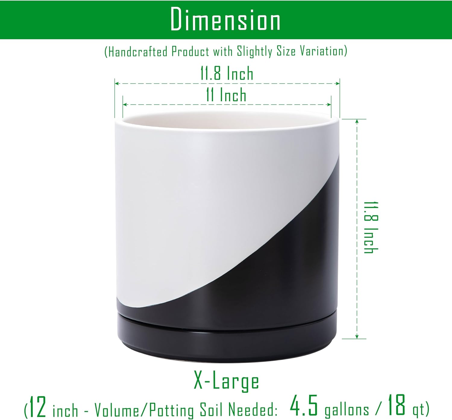 D'vine Dev 12 Inch Ceramic Planter Pot, Black White Diagonal, 94-O-F-K | Modern Cylinder Design, Drainage Hole & Saucer