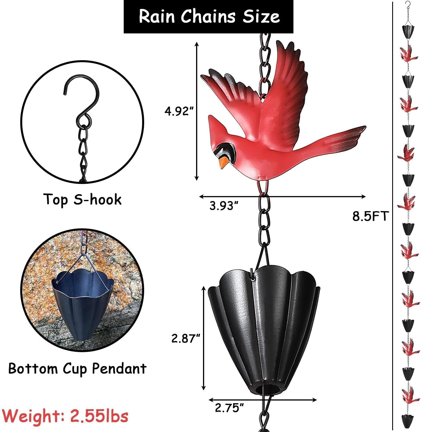 Cardinal Rain Chain, 8.5Ft Rain Chains for Gutters and Downspouts | Metal Decorative Rain Catcher Chain, Bird and Cup