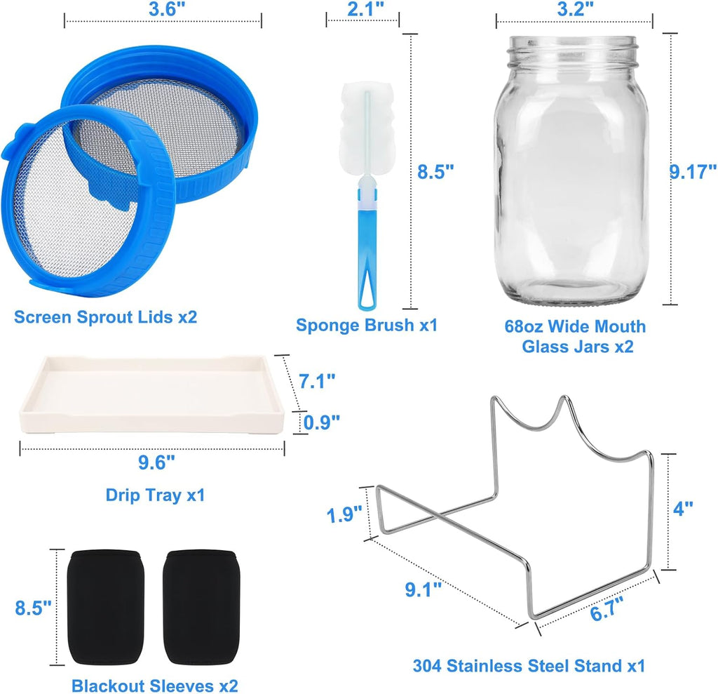  [Large Size] 68oz Sprouting Kit, 2 Sprouting Jar Kits, Wide Mouth Jars with Stainless Steel Screen Sprout Lid, 2000ml