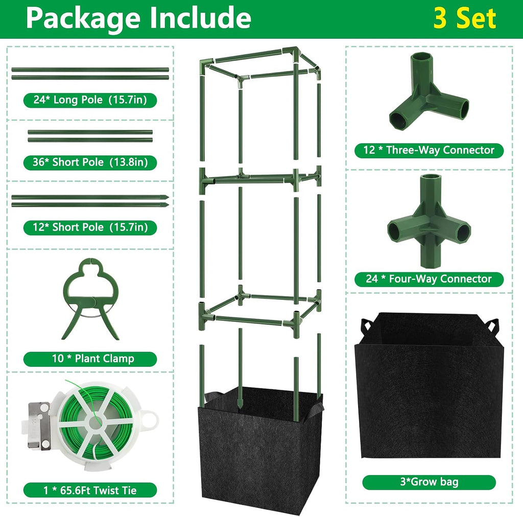 3 Set 49" Square Tomato Cages with 18 Gallon Grow Bags, Steel Trellis | Heavy Duty Tomato Trellis Kit, Garden Plant