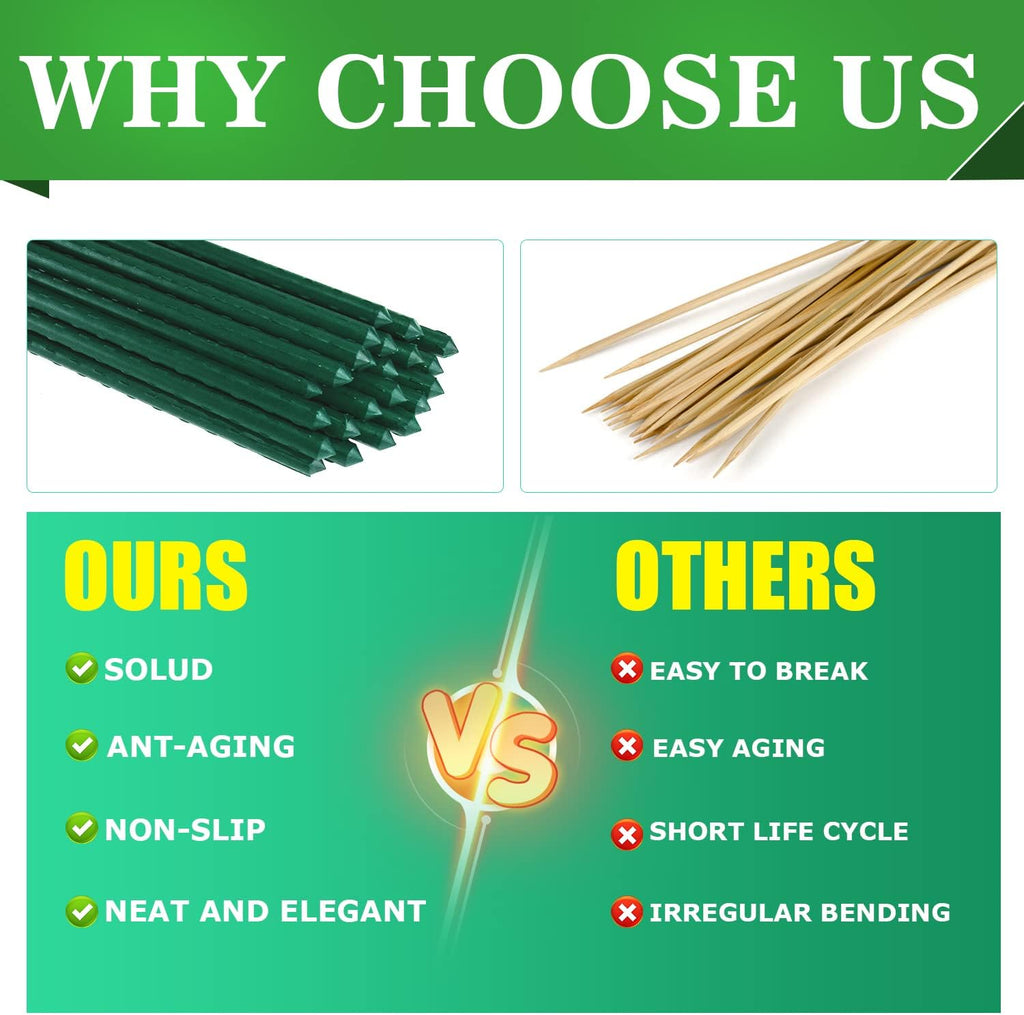 Jollybower 25pcs Steel Plant Stakes 3 Feet,Sturdy Plant Sticks, Plastic Coated Metal Garden Stakes Supports Climbing