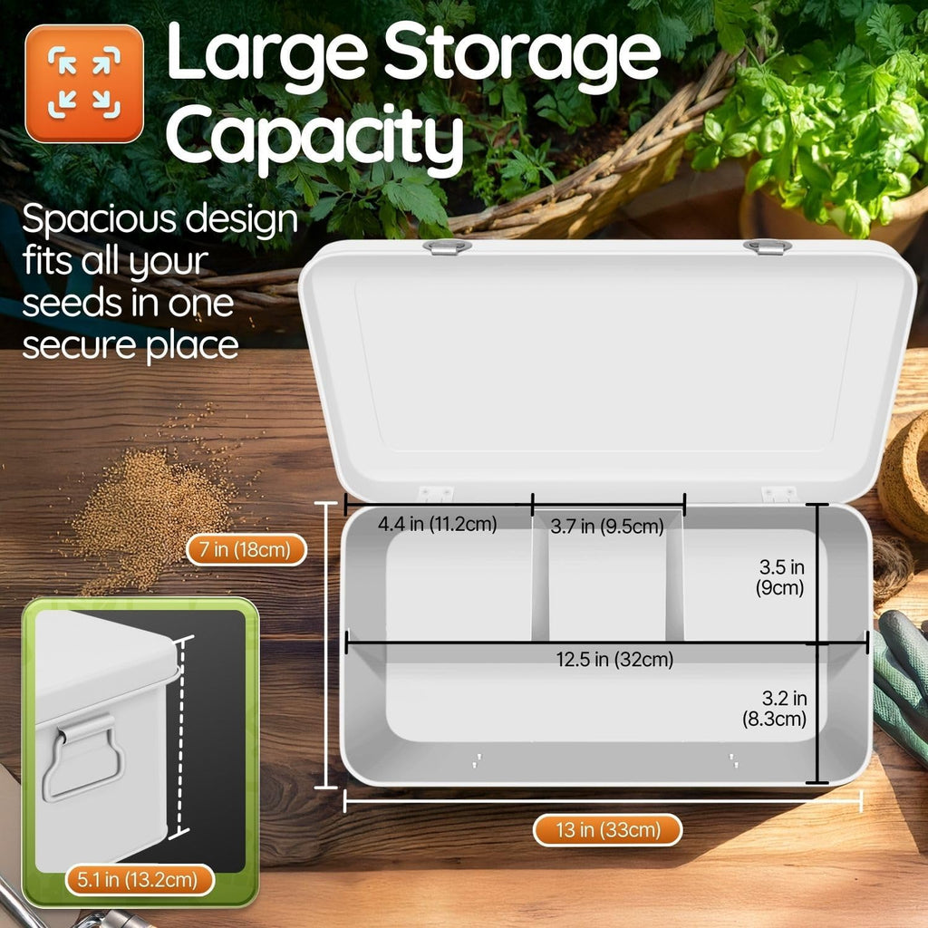 Flexzion Metal Seed Storage Organizer Box, 4 Compartments, 12 Inch, White | Seed Packet Organizer with Hinged Lid, Dual