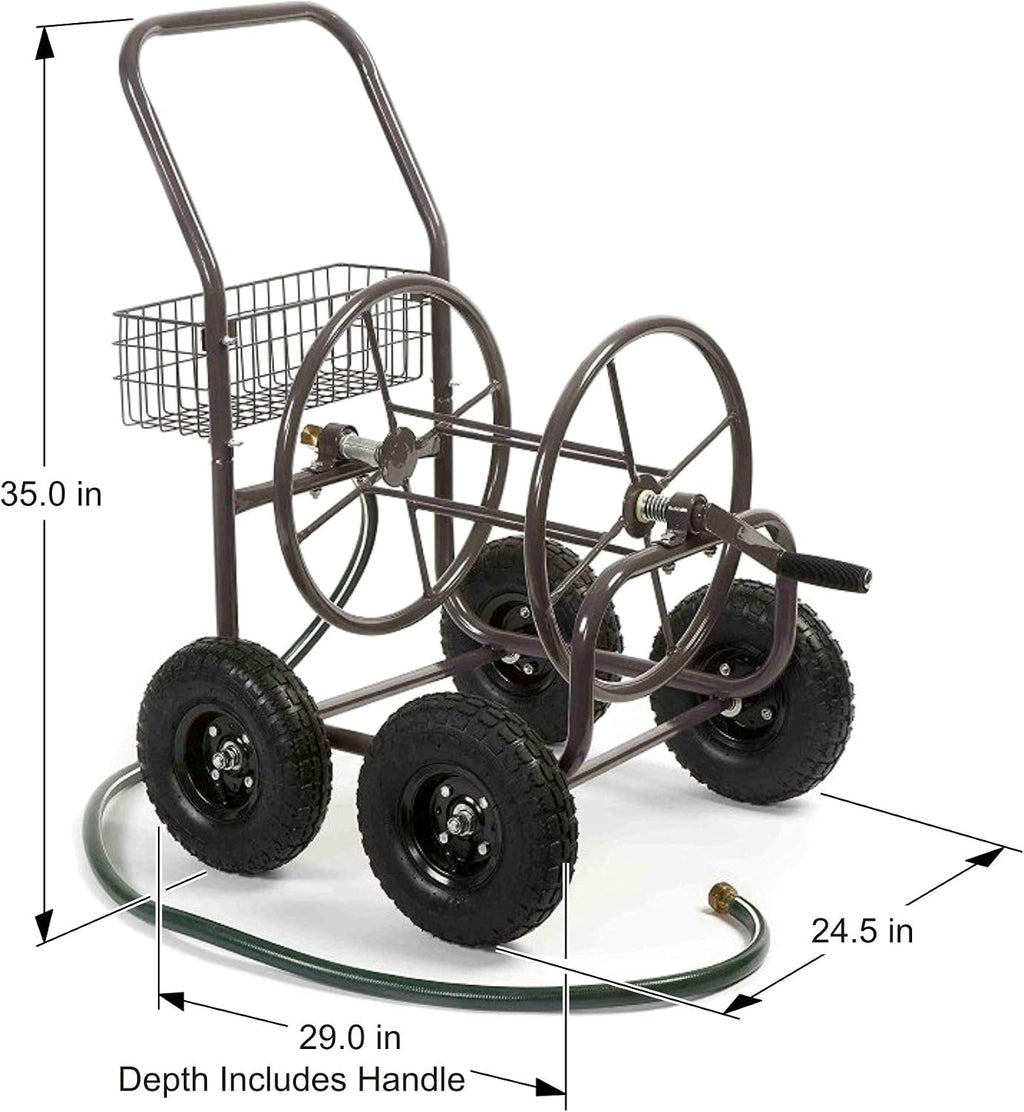 Liberty Garden Residential Grade Four Wheel 250 Foot Capacity Steel Frame Water Hose Reel Cart with Basket for