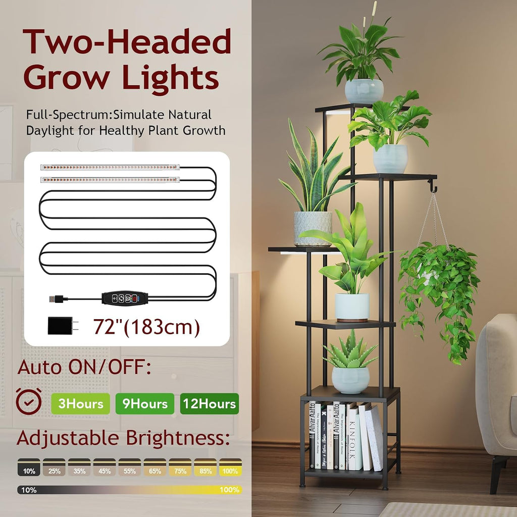 Plant Stand Indoor with Grow Light - 6-Tier Metal Plant Shelf with Hanging Basket Hook, Corner Tall Flower Holder for