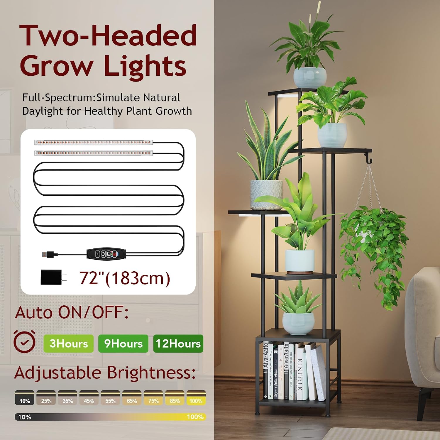 Plant Stand Indoor with Grow Light - 6-Tier Metal Plant Shelf with Hanging Basket Hook, Corner Tall Flower Holder for