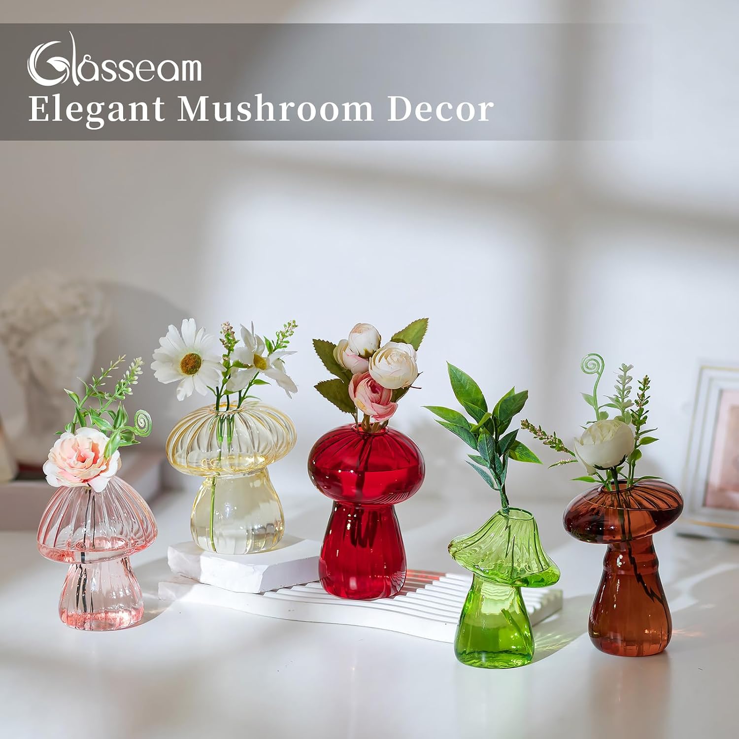 Glasseam Mushroom Plant Propagation Station, Set of 5 Glass Terrarium Jars | Colorful Handmade Small Hydroponic