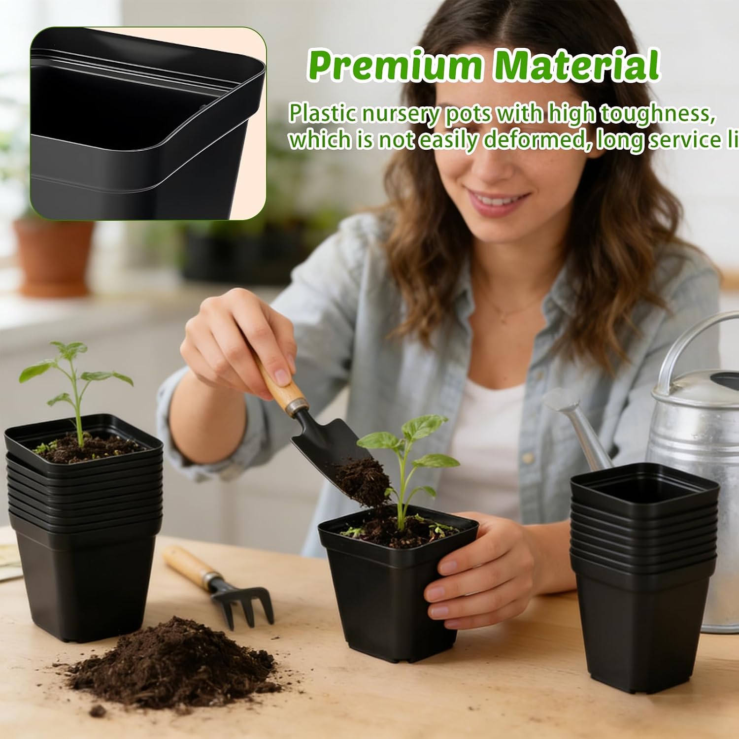 2.6in 100 Pcs Square Nursery Pots with 5 Pcs Plastic Seed Starting Trays | Plant Propagation Starter Kit with Drain