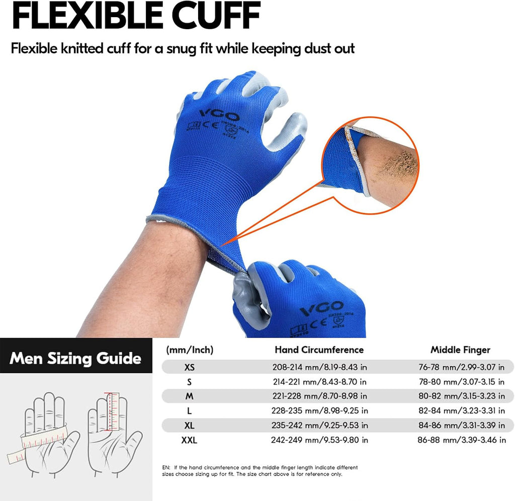 Vgo... 10-Pairs Safety Work Gloves, Gardening Gloves, Non-slip Nitrile coating, Dipping Gloves (Size XL, Blue, NT2110)