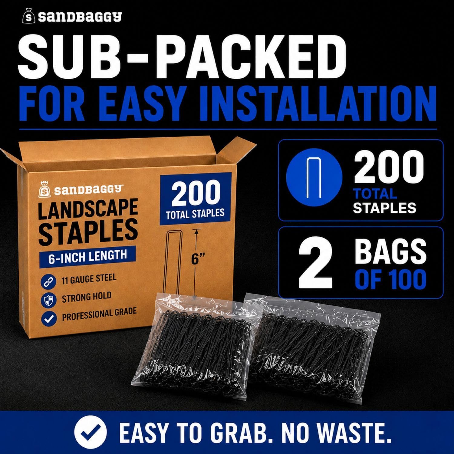 Sandbaggy 200-Pack 6 inch Landscape Staples - Great for Securing Landscape Fabric, Ground Cover or Drip Irrigation
