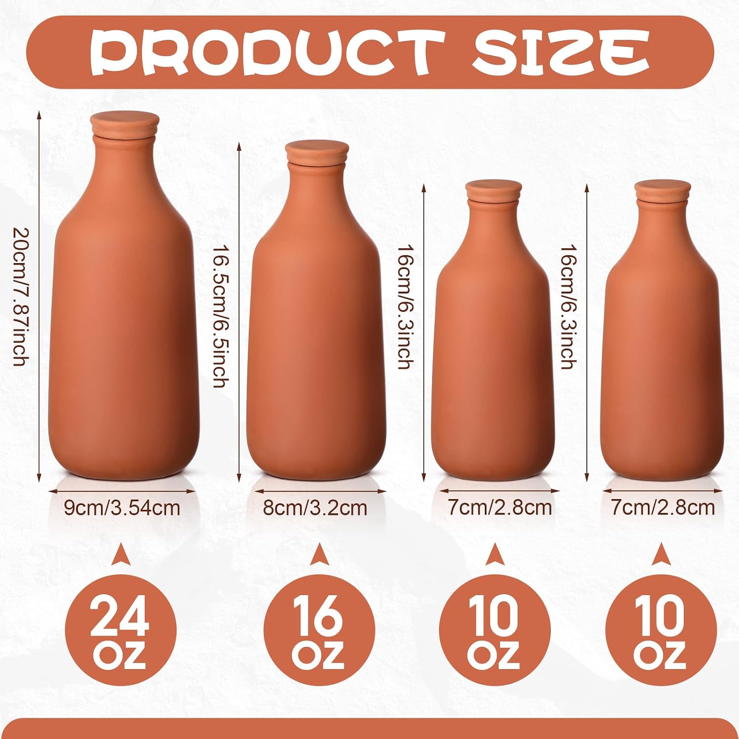 DoubleFill 4 Pcs 10, 16, 24 oz Ollas Terracotta Watering Pots Self Watering Planter Insert Terracotta Globes Clay for