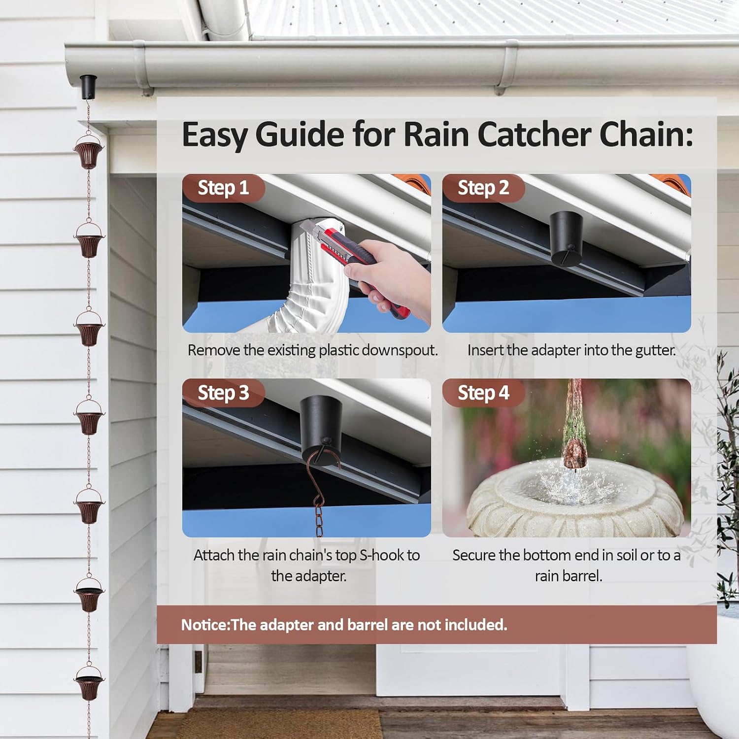 12.4FT Rain Chain for Gutters and Outdoor Drainage with 12 Cups | Iron Red Copper Cup Design, Adjustable Length, Easy