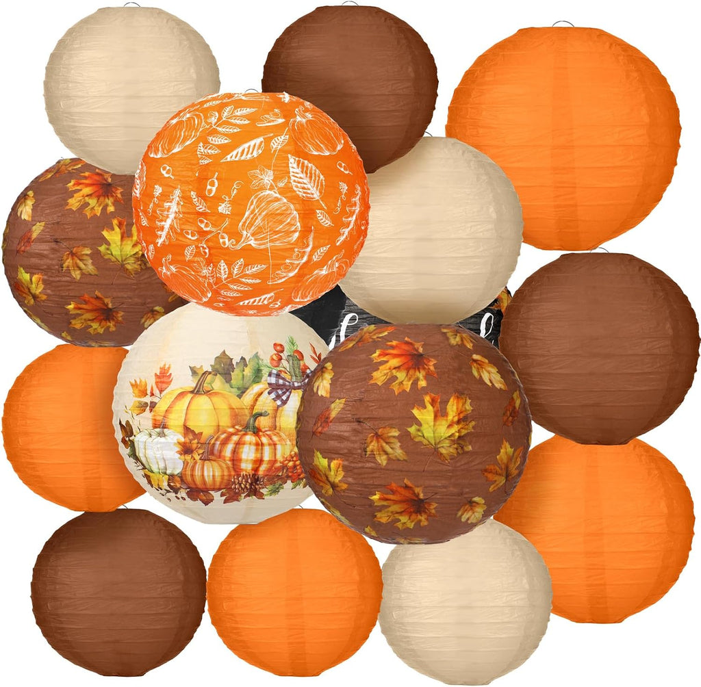 Bencailor 16 Pcs Fall Paper Lanterns Fall Party Paper Lanterns Thanksgiving Orange Pumpkin Fresh Round Thankful Maple Leaves Hanging Party Decorations for Autumn Harvest Outdoor Decor