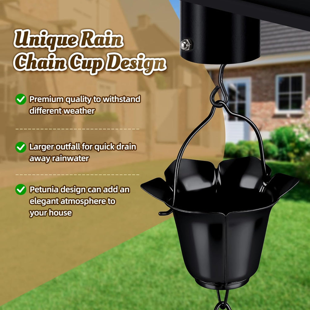 8.5 FT Black Rain Chain with Adapter for Gutters Downspouts Outside | 16 Cups Metal Material with Large Opening to