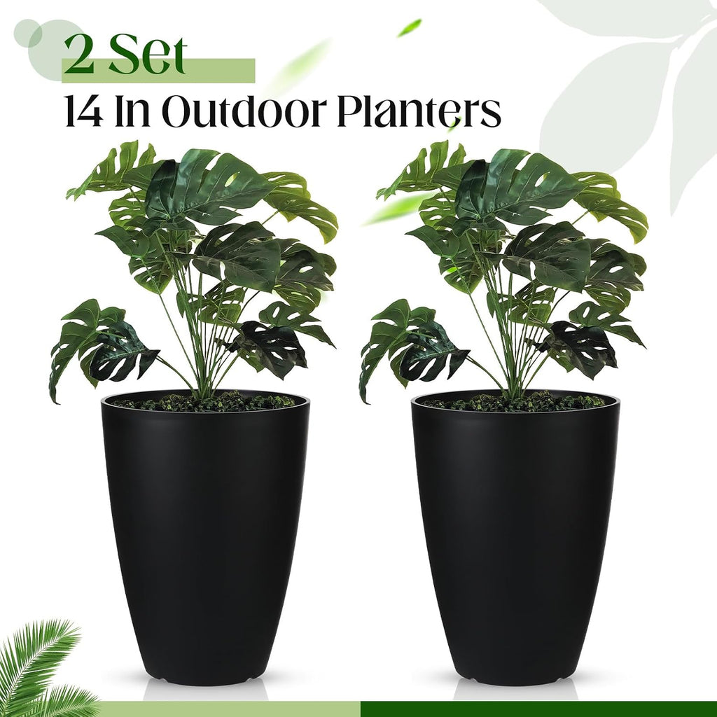2 Pack 14 Inch Tall Planters for Outdoor Indoor Plants, Black Round Resin Plant Flower Pots with Drainage Hole for