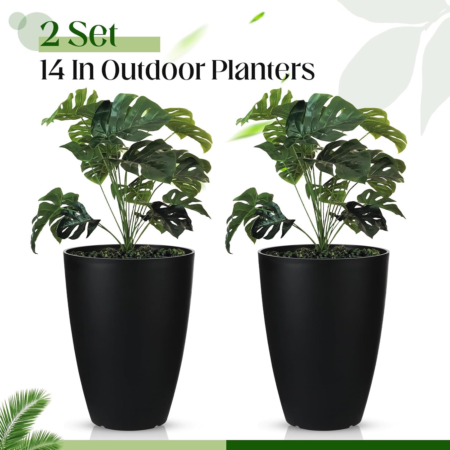 2 Pack 14 Inch Tall Planters for Outdoor Indoor Plants, Black Round Resin Plant Flower Pots with Drainage Hole for