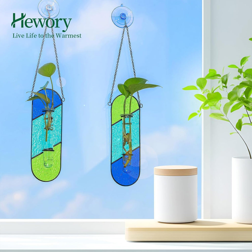 Hewory Stained Glass Window Hanging: 2PCS Propagation Stations Blue & Green | Vibrant Stained glass Plant Propagation