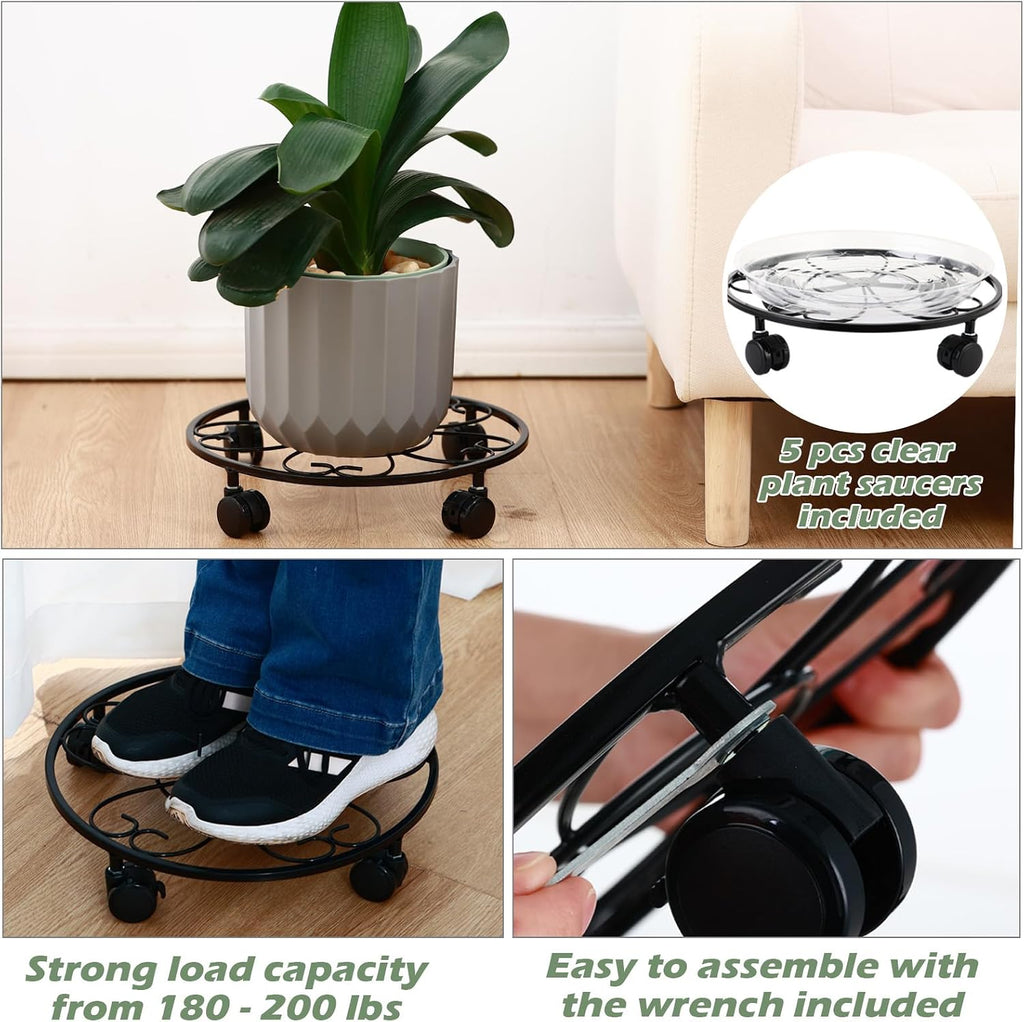 5 Packs 13 inches Large Metal Plant Caddy with Wheels Round Planter Dolly Pot Mover Rollers Wrought Iron Rolling Plant