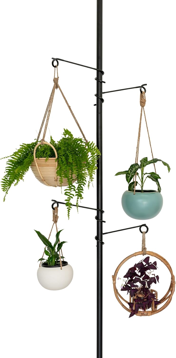 Tension Rod Plant Stand, Plant Poles for Hanging Plants Indoor, Metal Floor to Ceiling Hanging Plants Stand, Tension