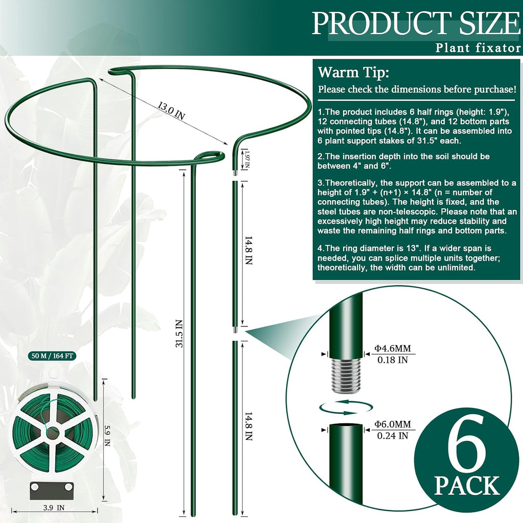 6-Pack 31.5” Plant Support Stakes, Steel Plant Cage & Peony Tomato Hydrangea Cage, Garden Stakes for Outdoor Plants