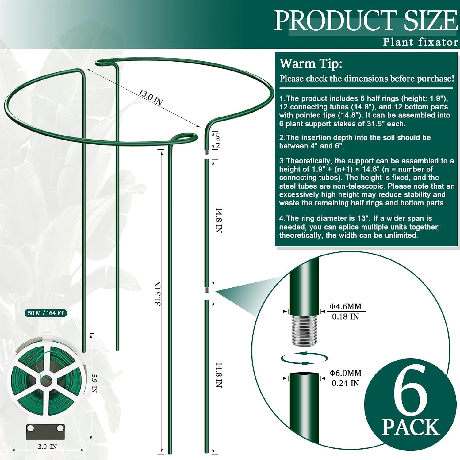 6-Pack 31.5” Plant Support Stakes, Steel Plant Cage & Peony Tomato Hydrangea Cage, Garden Stakes for Outdoor Plants