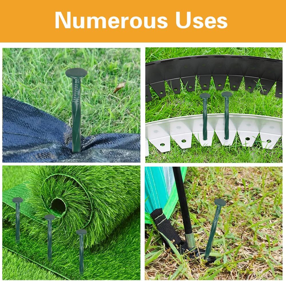 Bakulyor 50 Pack Metal Landscape Stakes, 8 Inch Artificial Grass Nails, 6 Gauge Large Landscaping Staples, Green Edging