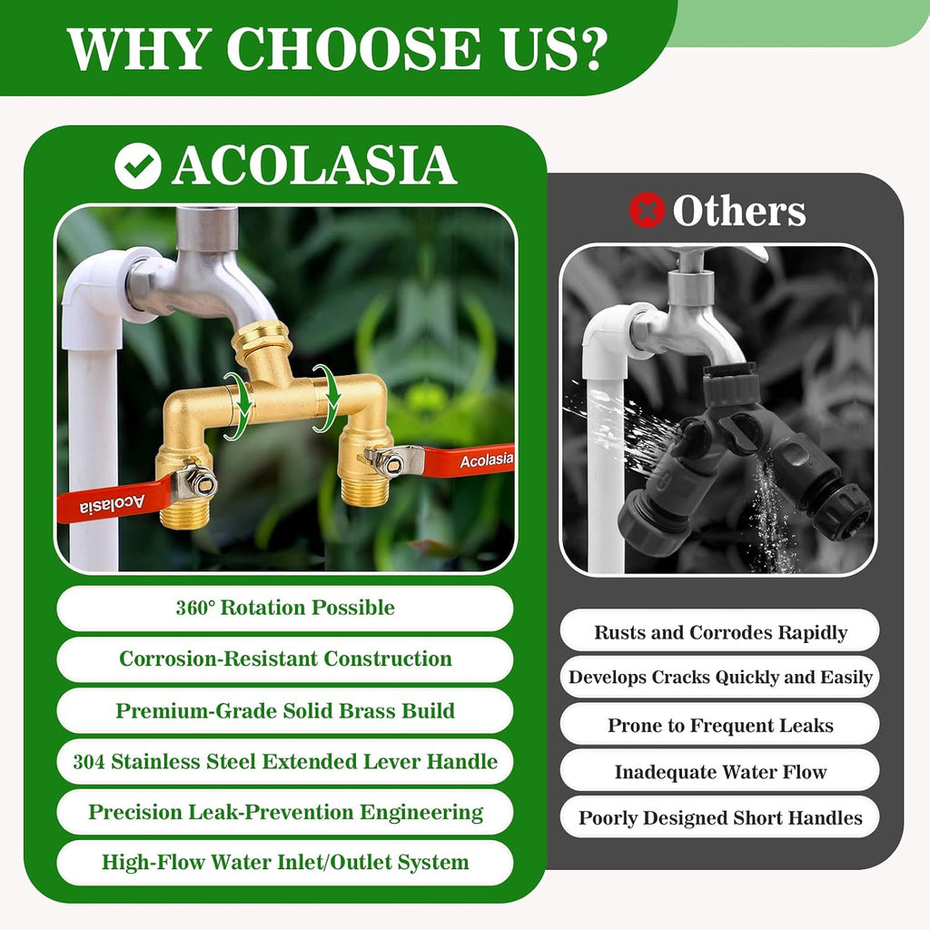 Hose Splitter 2 Way Heavy Duty Brass Garden Hose Splitter with 360° Rotatable, 304 Stainless Steel Long Handle Outdoor