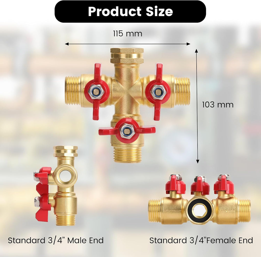 Garden Hose Splitter 3 Way, Heavy Duty 3-Way Brass Valve Garden Hose Splitter With Stainless Steel Long Handle, Full