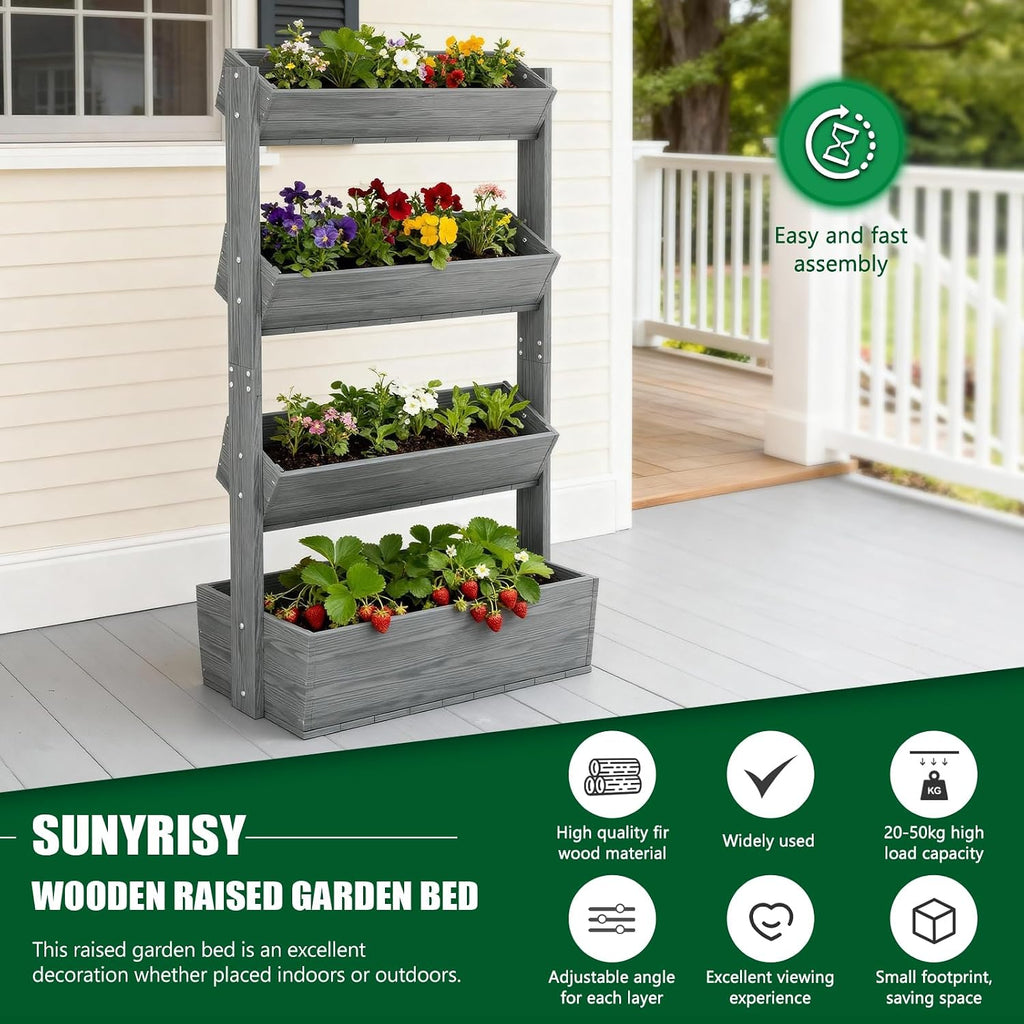 SUNYRISY 4 Tiers Vertical Raised Garden Bed Outdoor Planter Tower | Wooden Freestanding Planter Box for Planting Herbs