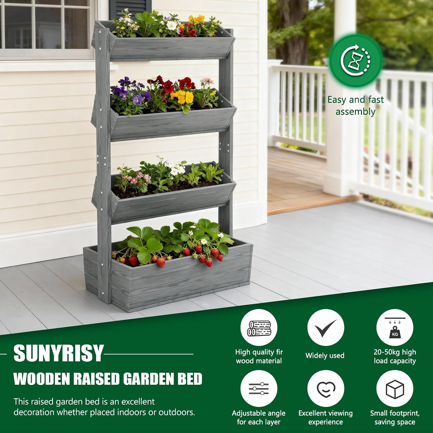 SUNYRISY 4 Tiers Vertical Raised Garden Bed Outdoor Planter Tower | Wooden Freestanding Planter Box for Planting Herbs