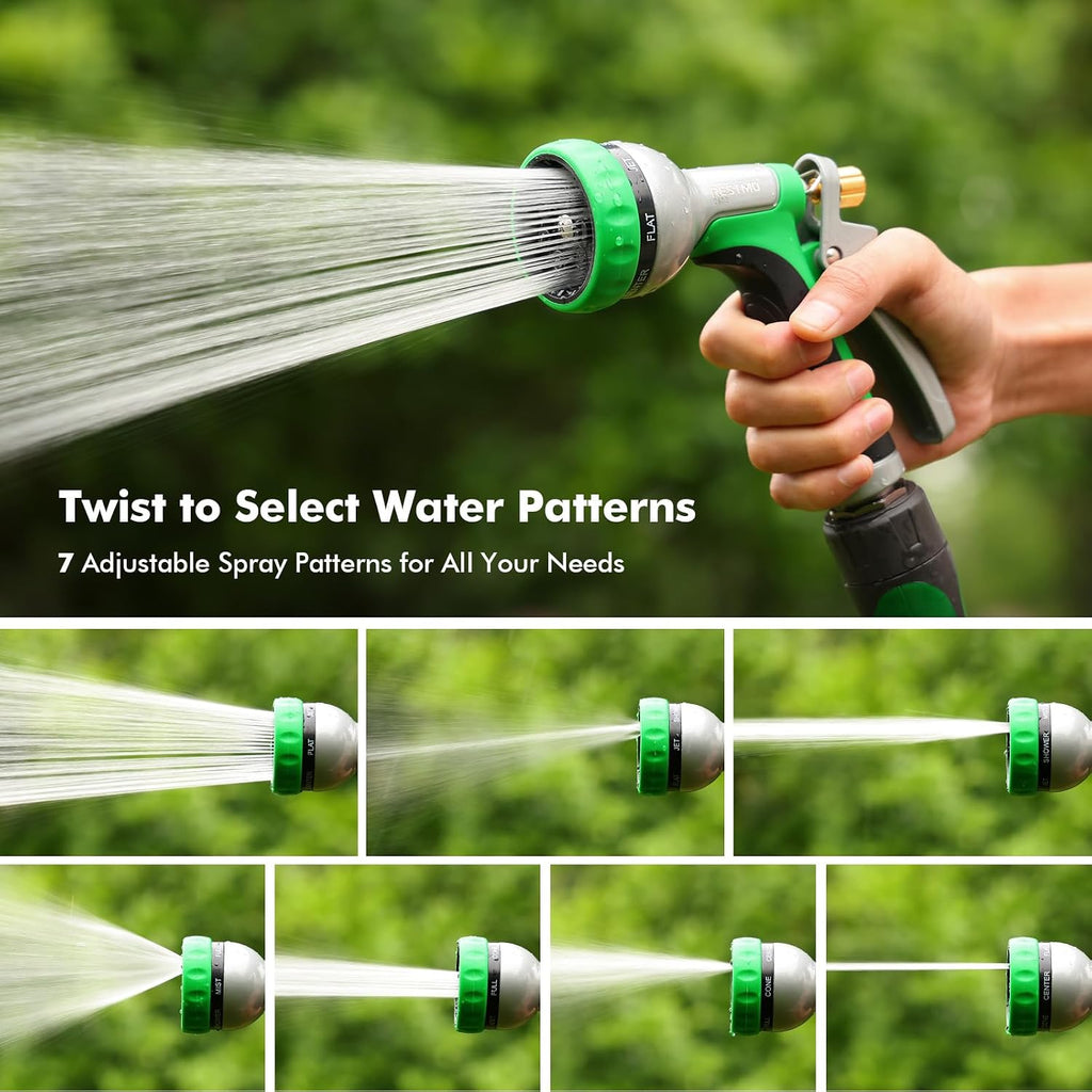 RESTMO Garden Hose Nozzle Heavy Duty, Rear Trigger Water Sprayer, Green | 7 Adjustable Spray Patterns, Durable Metal