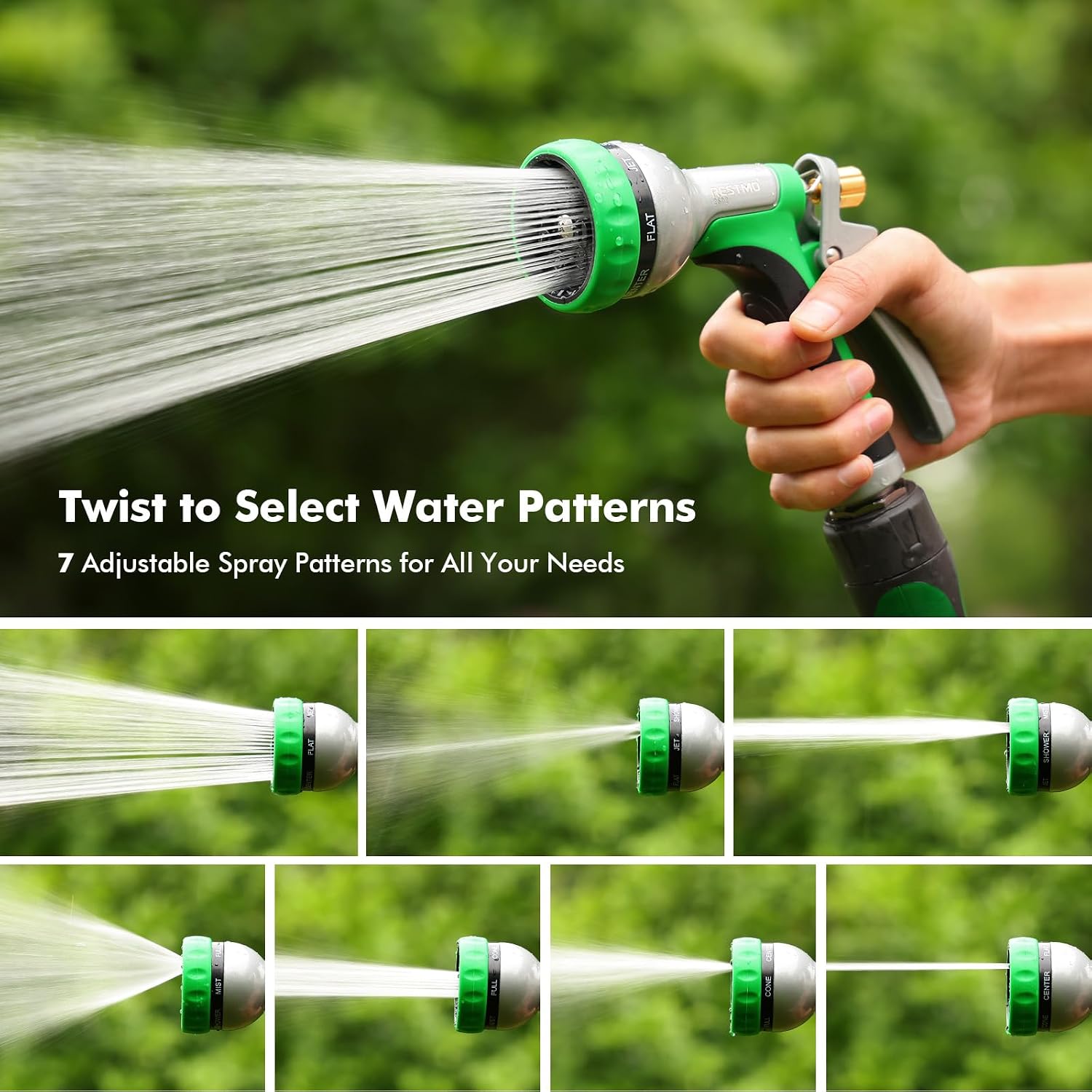 RESTMO Garden Hose Nozzle Heavy Duty, Rear Trigger Water Sprayer, Green | 7 Adjustable Spray Patterns, Durable Metal