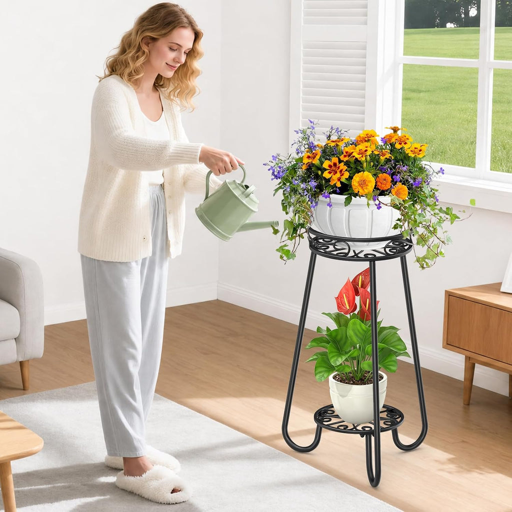 2 Tier 27.2 Inch Tall Corner Plant Stand Indoor Outdoor, Black 3 Leg | Metal Heavy Duty Flower Plant Shelf，Rustproof