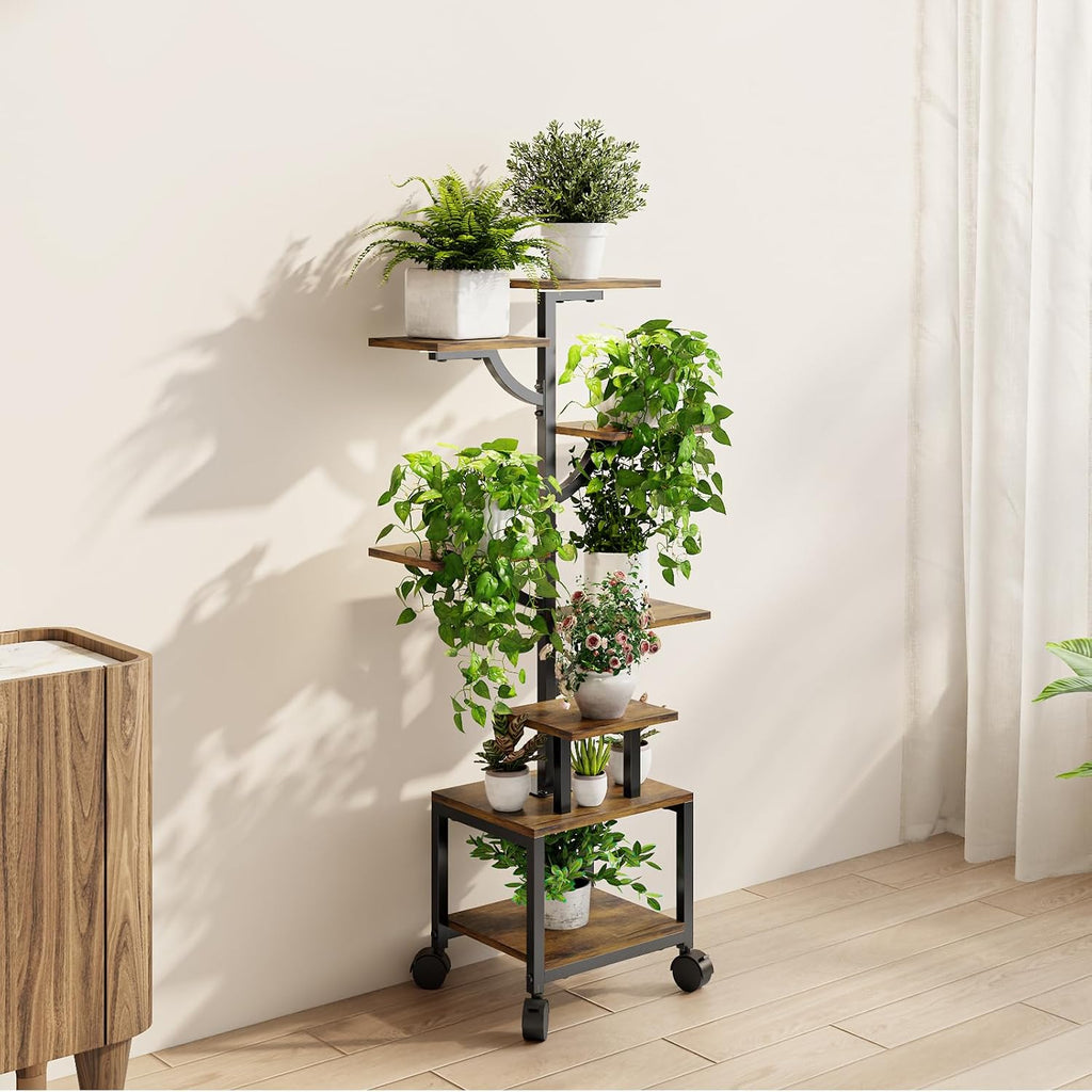 Plant Stand Indoor with Grow Lights - 7-Tier Plant Stand with Wheels, Tall Metal and Wood Indoor Plant Shelf with Tree