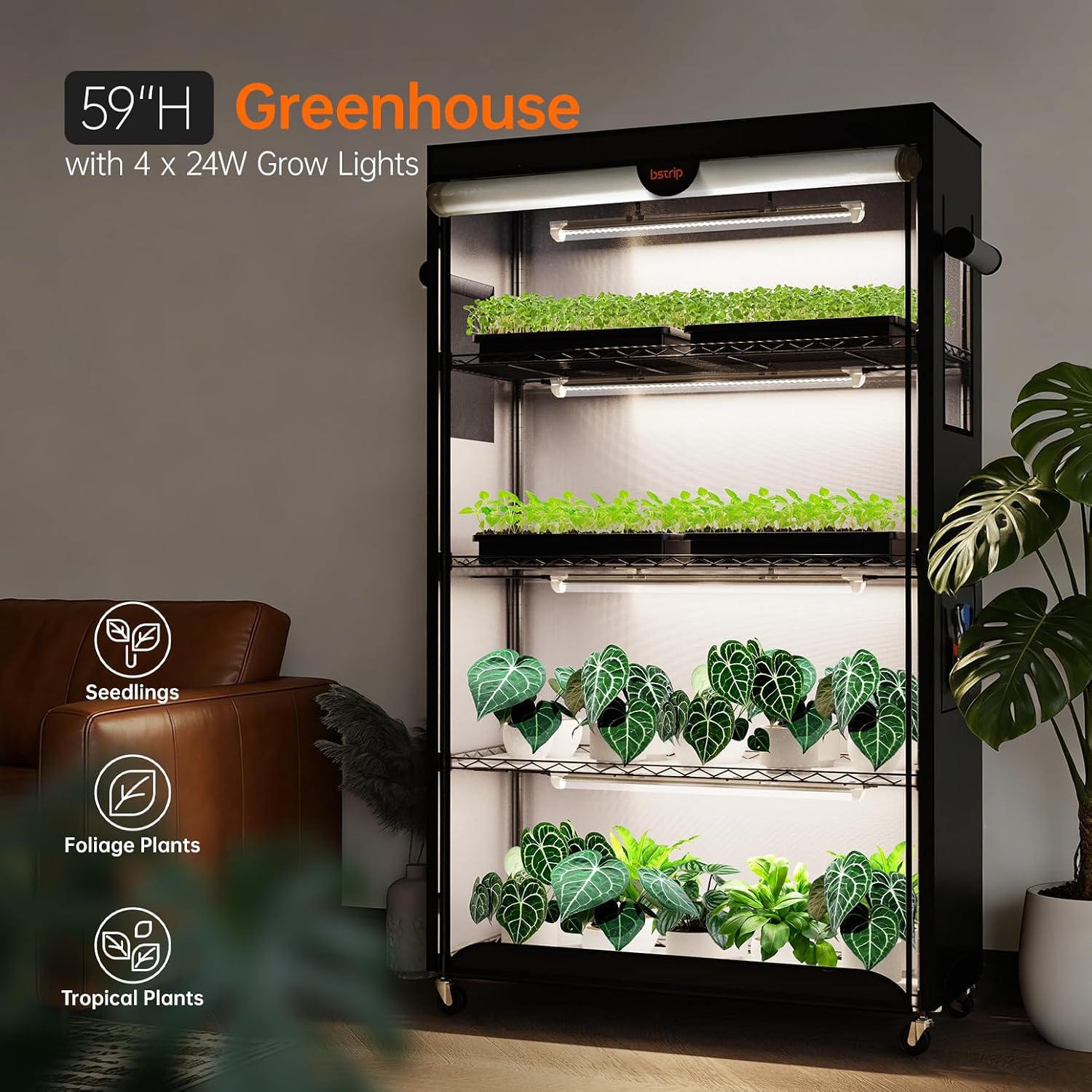 Indoor Greenhouse with Grow Light Oxford Cover, 35.4x13.8x59in | 4-Tier Indoor Greenhouse Cabinet, Base Tray, 4-Pack