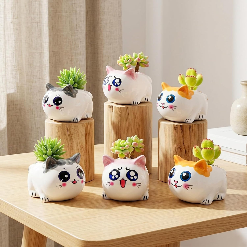 Cat Succulent Pots Set of 6 - Small Ceramic Animal Planters with Drainage | Cute Mini Flower Pots for Air Plants &