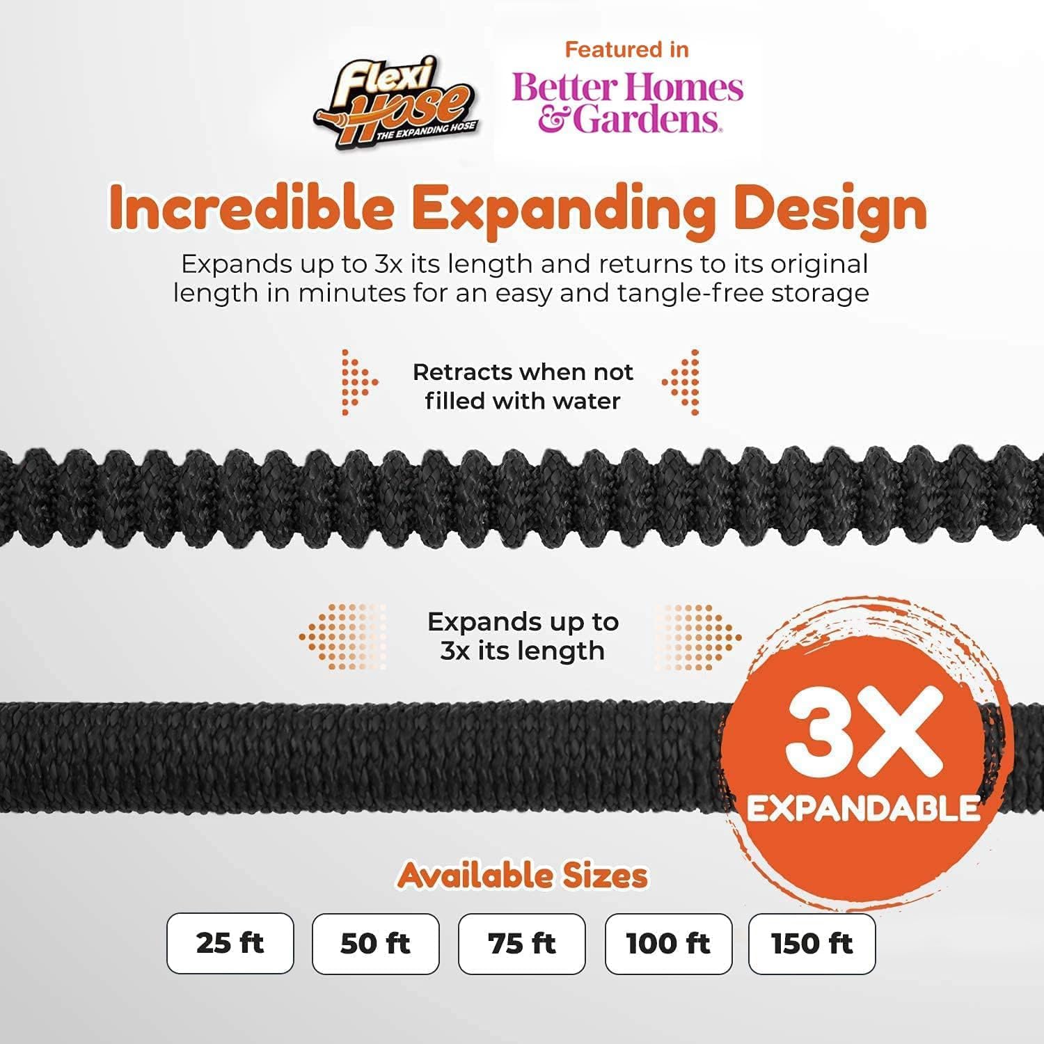 Flexi Hose with 8 Function Nozzle, 25FT - Lightweight Expandable Garden Hose, No-Kink Flexibility, 3/4 Inch Solid Brass